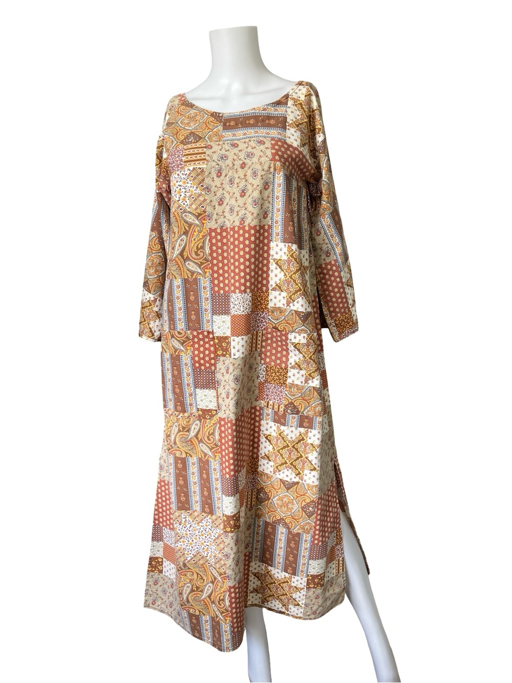 Vintage Handmade Midi Dress Long Sleeve Patchwork Quilt Print Boho Hippie Artsy